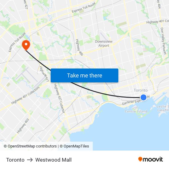 Toronto to Westwood Mall map
