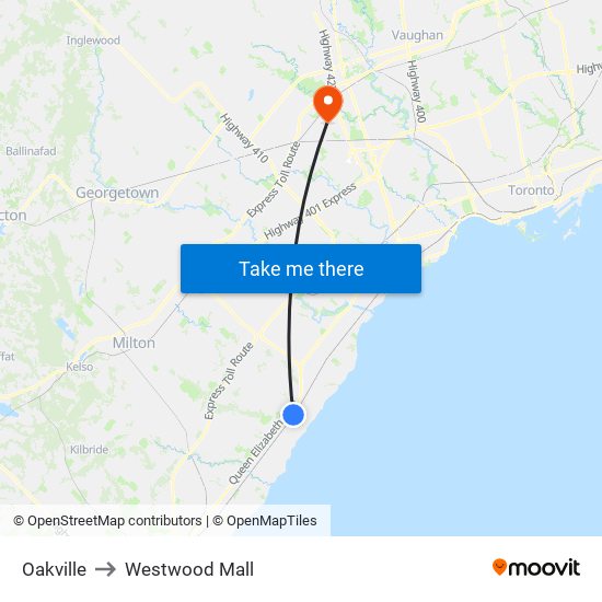 Oakville to Westwood Mall map