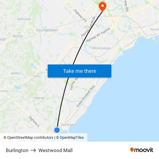 Burlington to Westwood Mall map