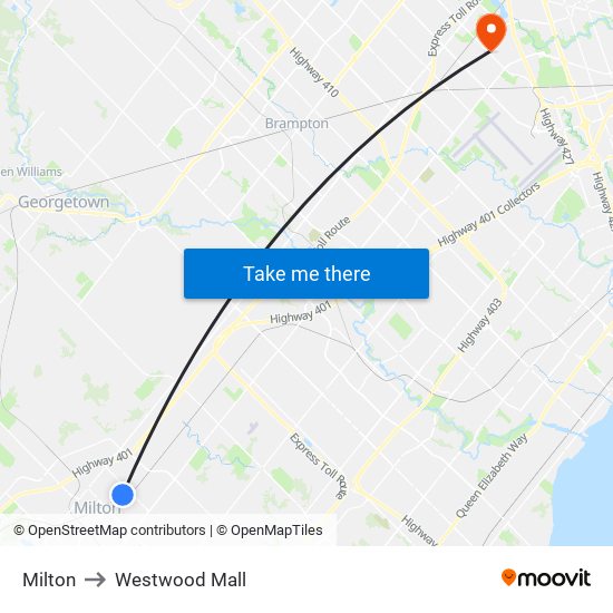 Milton to Westwood Mall map