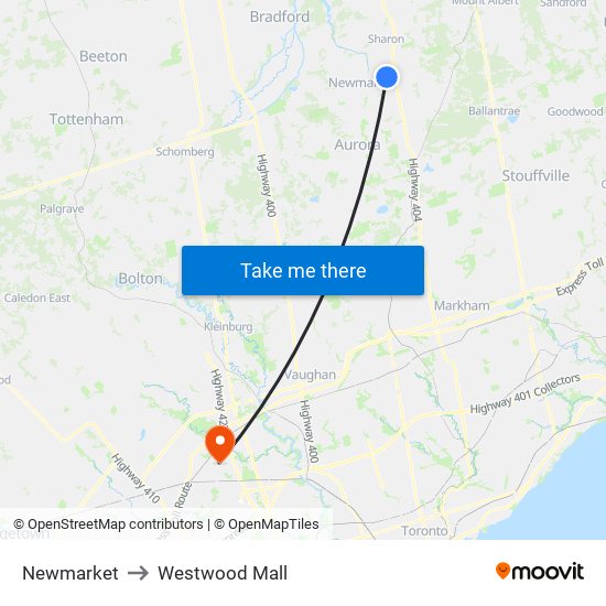 Newmarket to Westwood Mall map