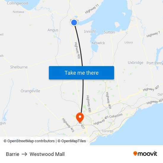 Barrie to Westwood Mall map