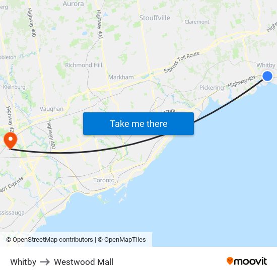 Whitby to Westwood Mall map