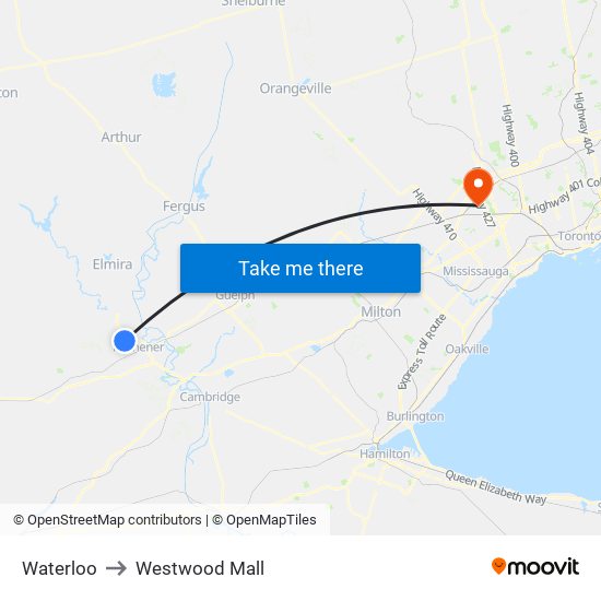 Waterloo to Westwood Mall map