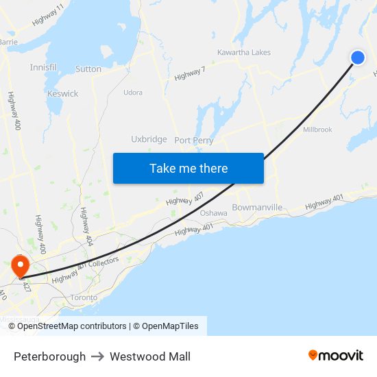 Peterborough to Westwood Mall map