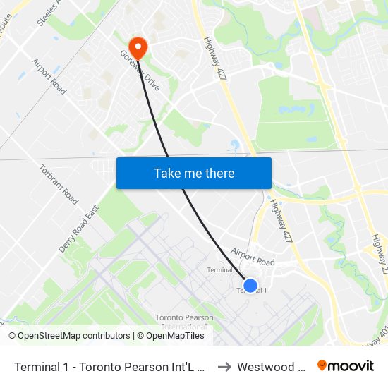 Terminal 1 - Toronto Pearson Int'L Airport to Westwood Mall map