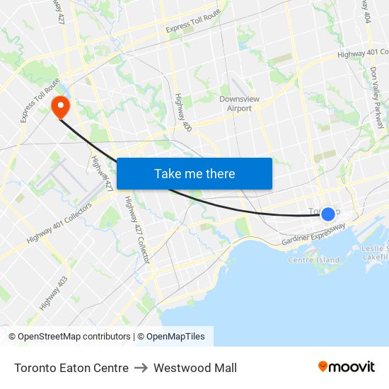 Toronto Eaton Centre to Westwood Mall map