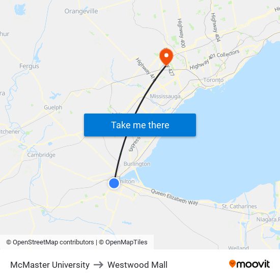 McMaster University to Westwood Mall map