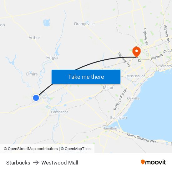 Starbucks to Westwood Mall map