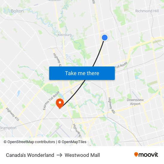 Canada's Wonderland to Westwood Mall map