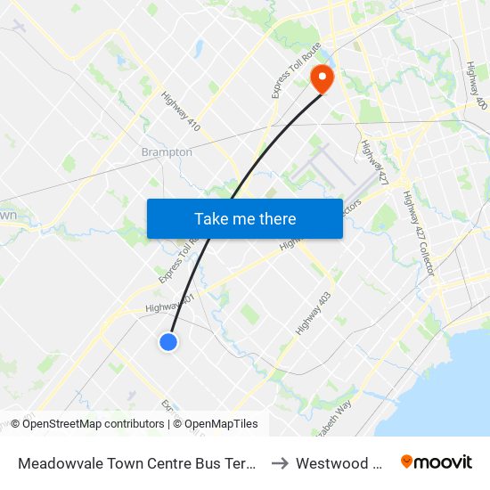 Meadowvale Town Centre Bus Terminal to Westwood Mall map