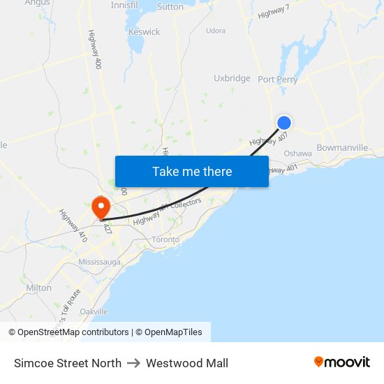 Simcoe Street North to Westwood Mall map