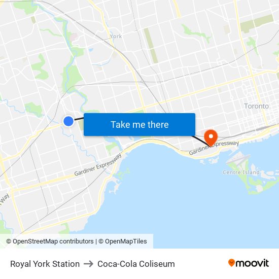 Royal York Station to Coca-Cola Coliseum map