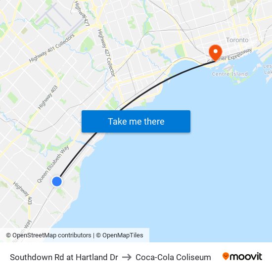 Southdown Rd at Hartland Dr to Coca-Cola Coliseum map