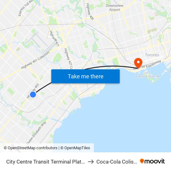 City Centre Transit Terminal Platform K to Coca-Cola Coliseum map