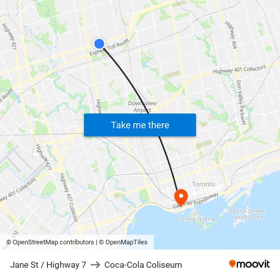 Jane St / Highway 7 to Coca-Cola Coliseum map