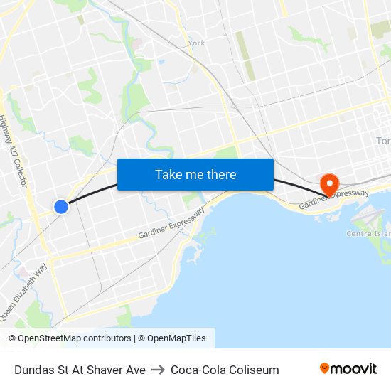 Dundas St At Shaver Ave to Coca-Cola Coliseum map
