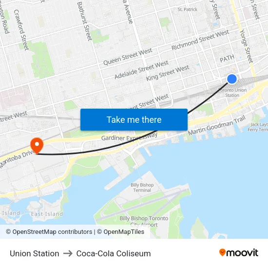 Union Station to Coca-Cola Coliseum map