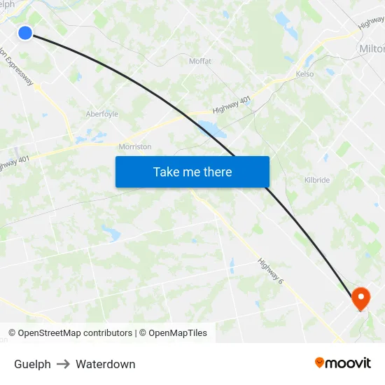 Guelph to Waterdown map