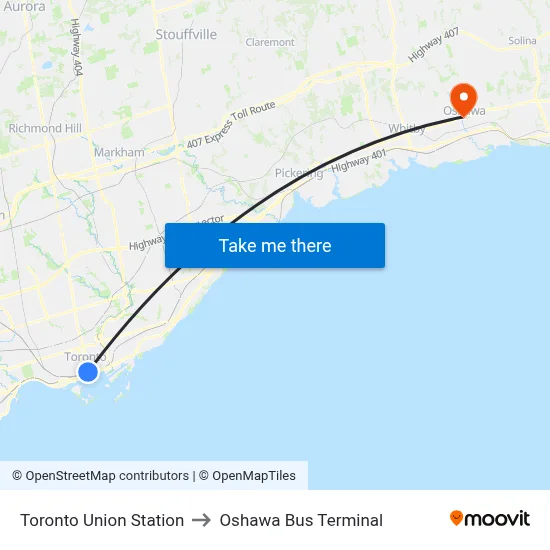 Toronto Union Station to Oshawa Bus Terminal map