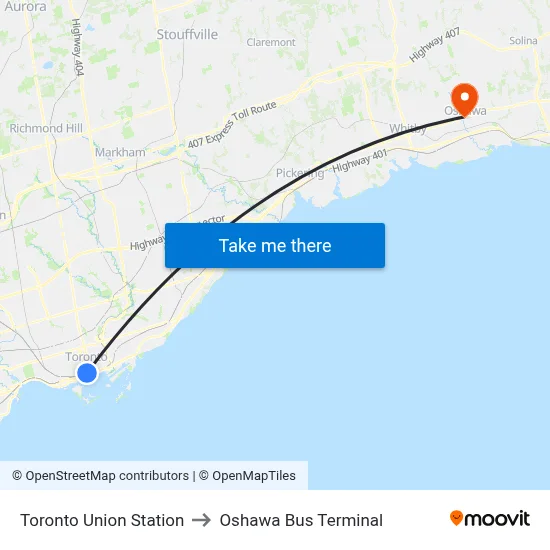 Toronto Union Station to Oshawa Bus Terminal map