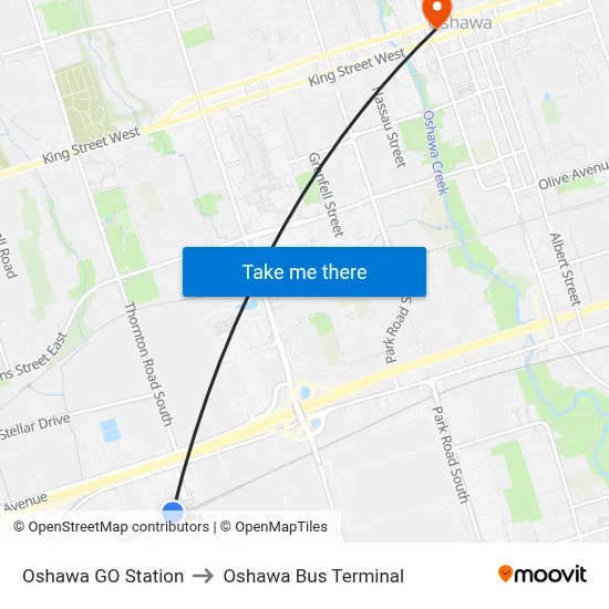 Oshawa GO Station to Oshawa Bus Terminal map