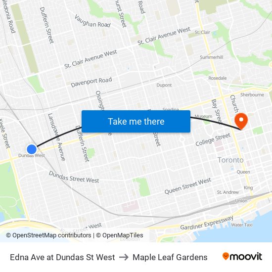 Edna Ave at Dundas St West to Maple Leaf Gardens map