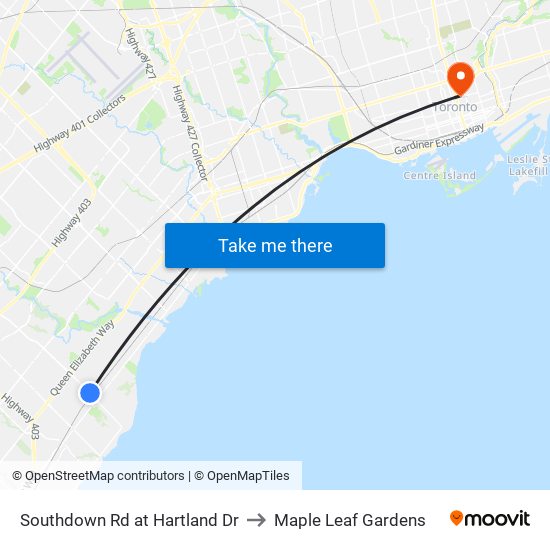 Southdown Rd at Hartland Dr to Maple Leaf Gardens map