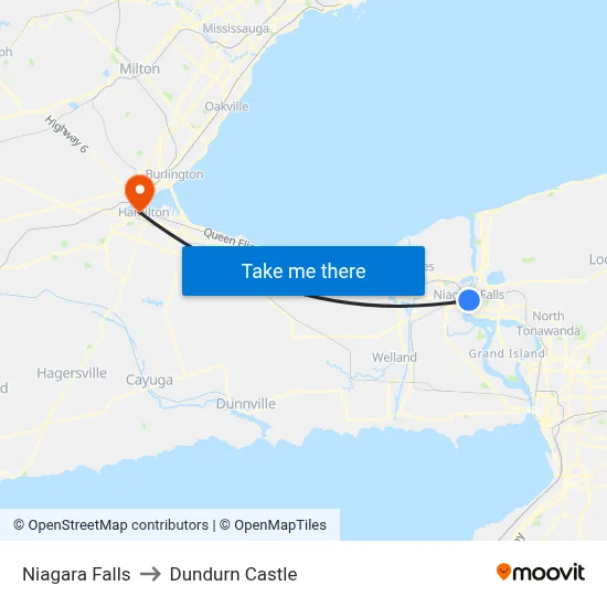 Niagara Falls to Dundurn Castle map
