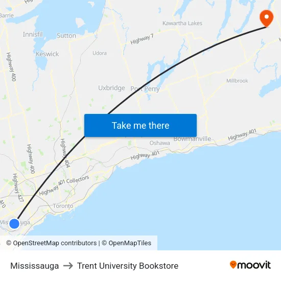 Mississauga to Trent University Bookstore map