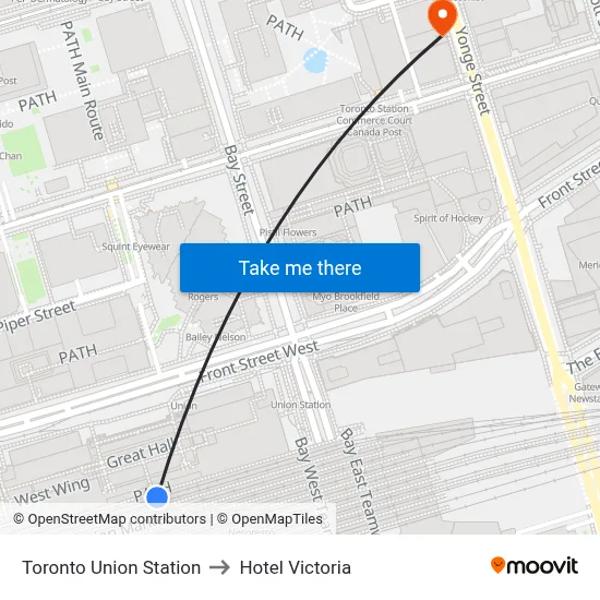 Toronto Union Station to Hotel Victoria map