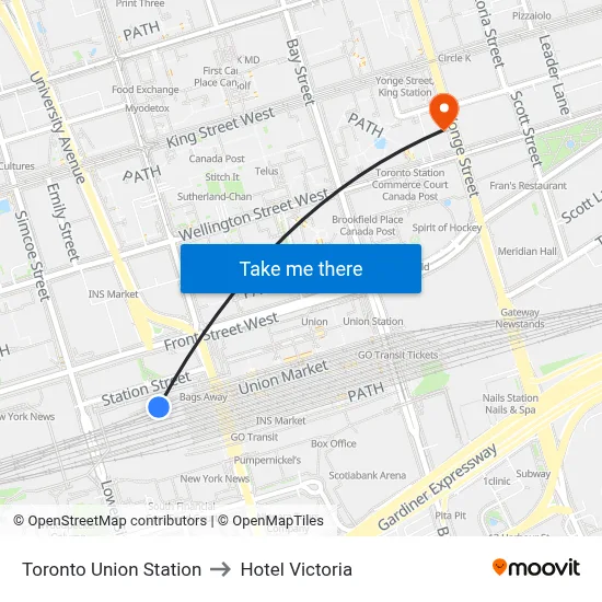 Toronto Union Station to Hotel Victoria map