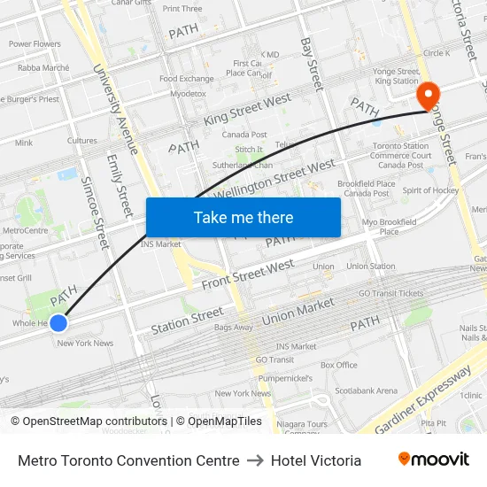 Metro Toronto Convention Centre to Hotel Victoria map