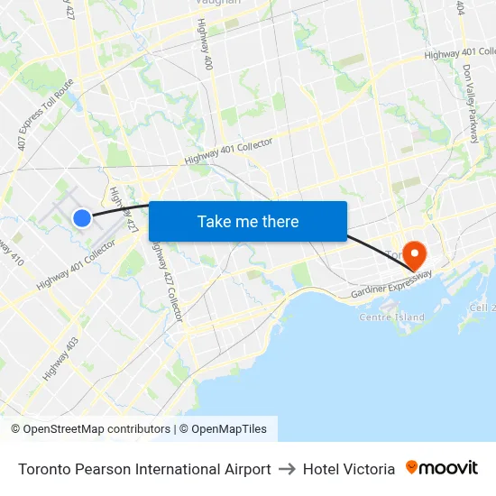 Toronto Pearson International Airport to Hotel Victoria map