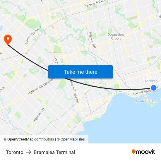 Toronto to Bramalea Terminal map