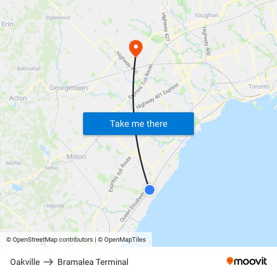 Oakville to Bramalea Terminal map