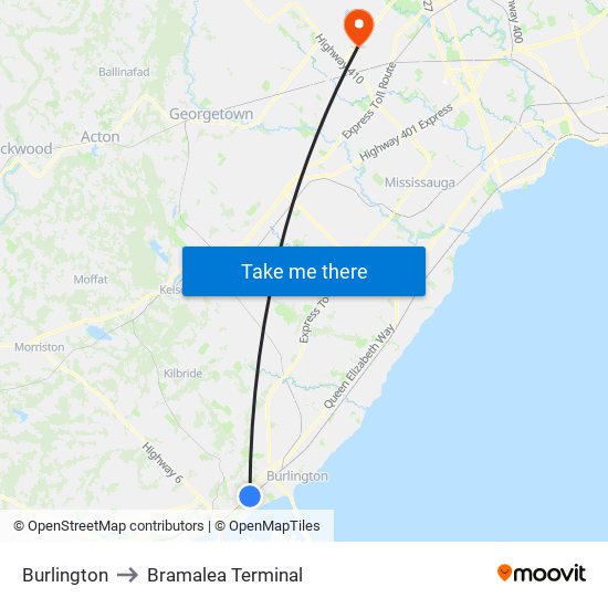 Burlington to Bramalea Terminal map