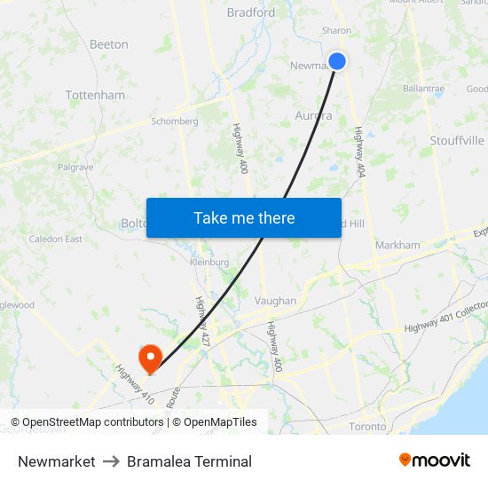 Newmarket to Bramalea Terminal map