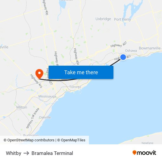 Whitby to Bramalea Terminal map
