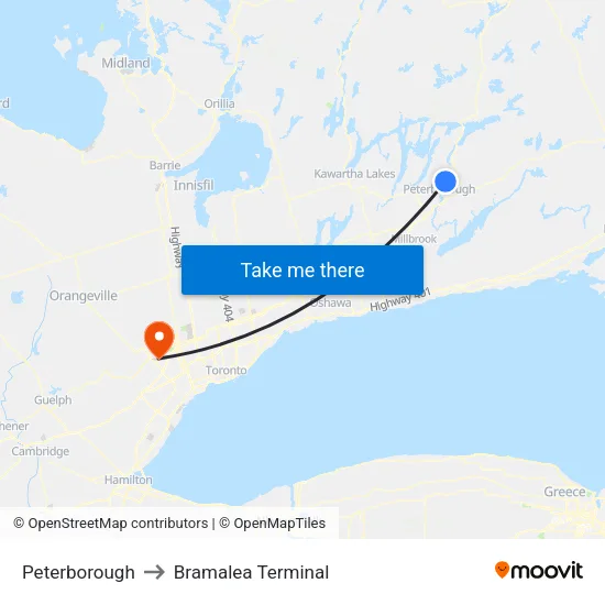 Peterborough to Bramalea Terminal map