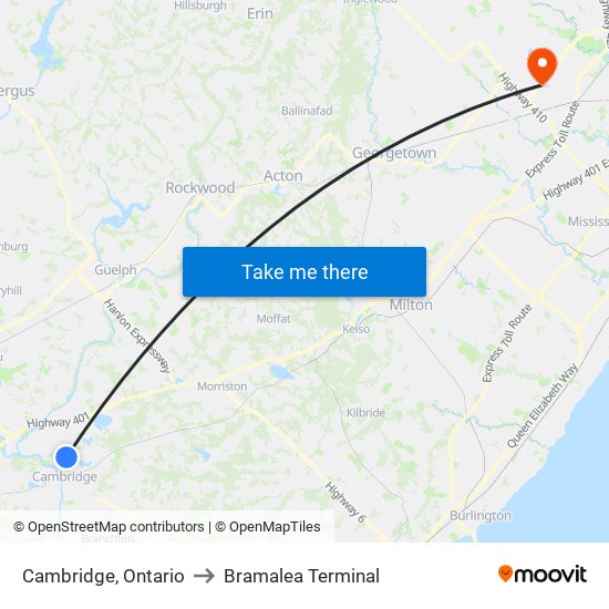 Cambridge, Ontario to Bramalea Terminal map