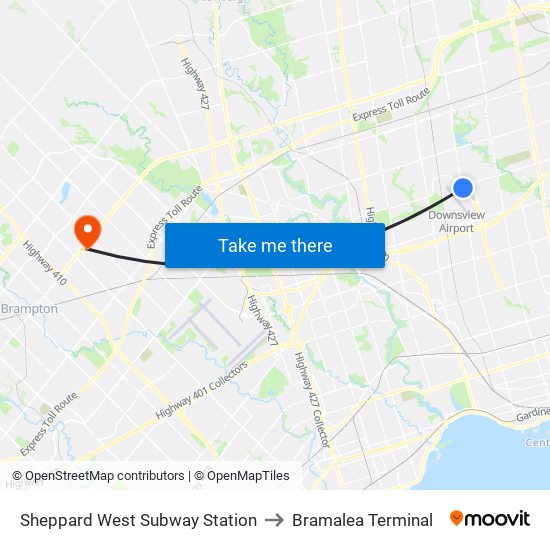 Sheppard West Subway Station to Bramalea Terminal map