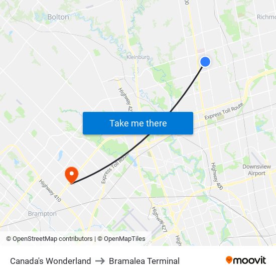 Canada's Wonderland to Bramalea Terminal map