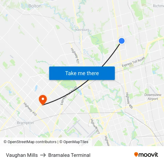 Vaughan Mills to Bramalea Terminal map
