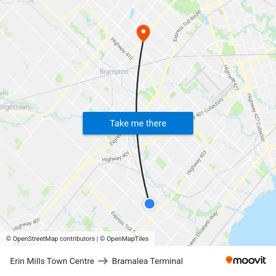 Erin Mills Town Centre to Bramalea Terminal map
