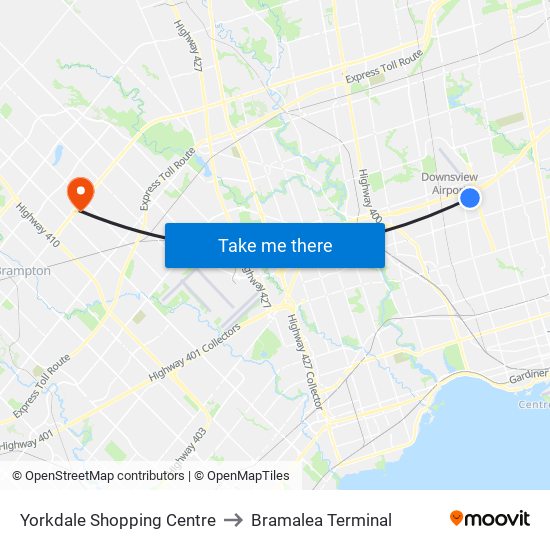 Yorkdale Shopping Centre to Bramalea Terminal map