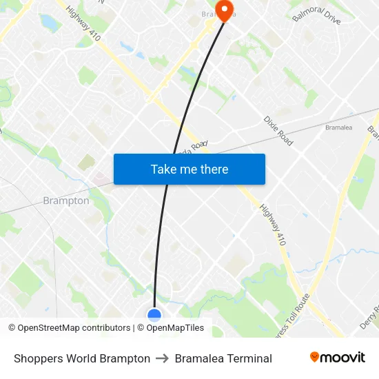 Shoppers World Brampton to Bramalea Terminal map