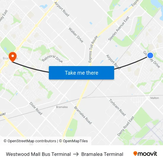 Westwood Mall Bus Terminal to Bramalea Terminal map