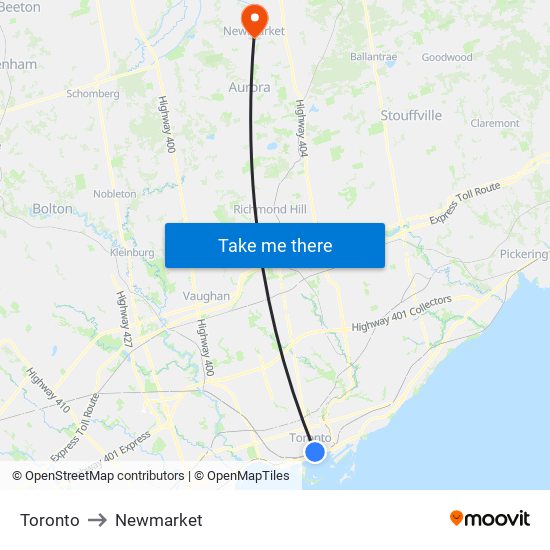 Toronto to Newmarket map