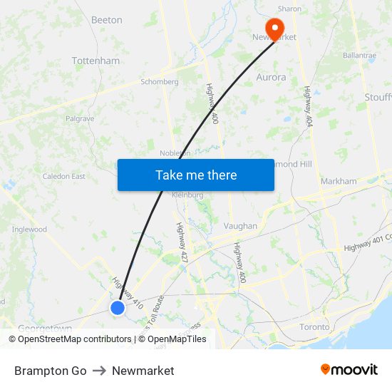 Brampton Go to Newmarket map